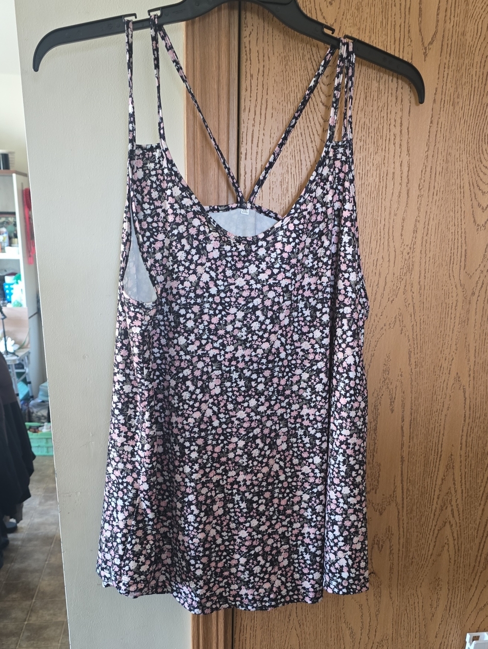 SHEIN Black Floral Strappy Cami with Pink Accents